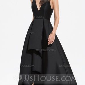 A black, high-low, open back, long formal dress